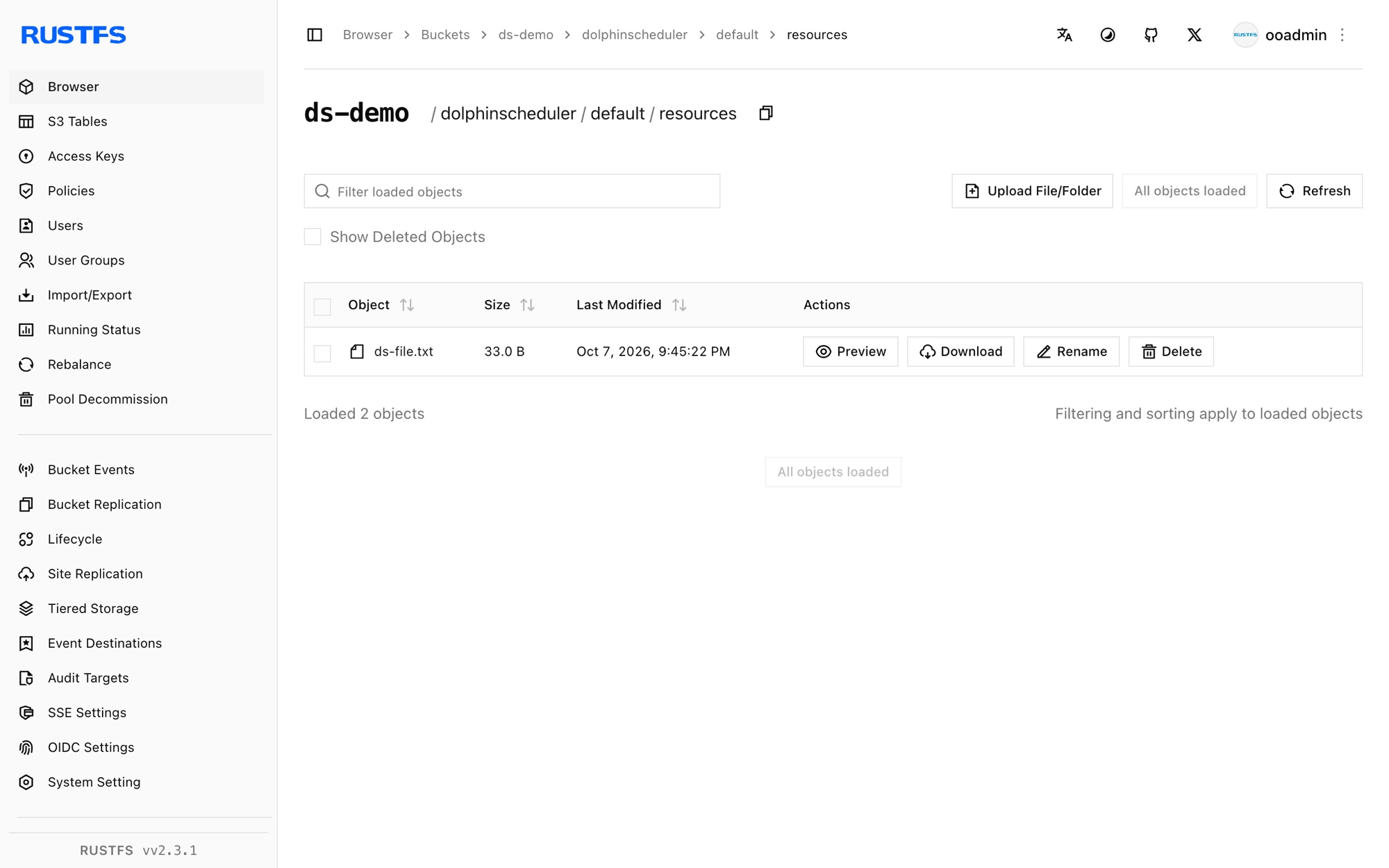 In der RustFS-Console gespeicherte DolphinScheduler-Ressourcen