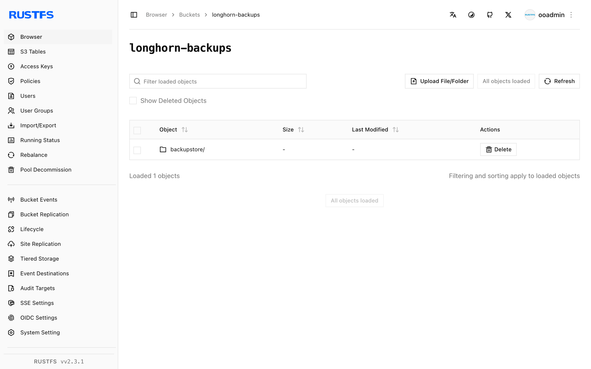 In der RustFS Console gespeicherte Longhorn-Backup-Blöcke