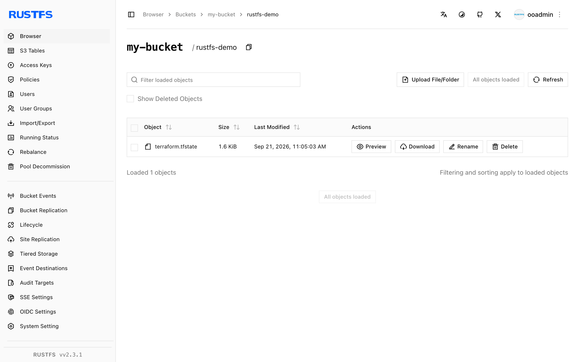 Die in der RustFS Console gespeicherte Terraform-State-Datei