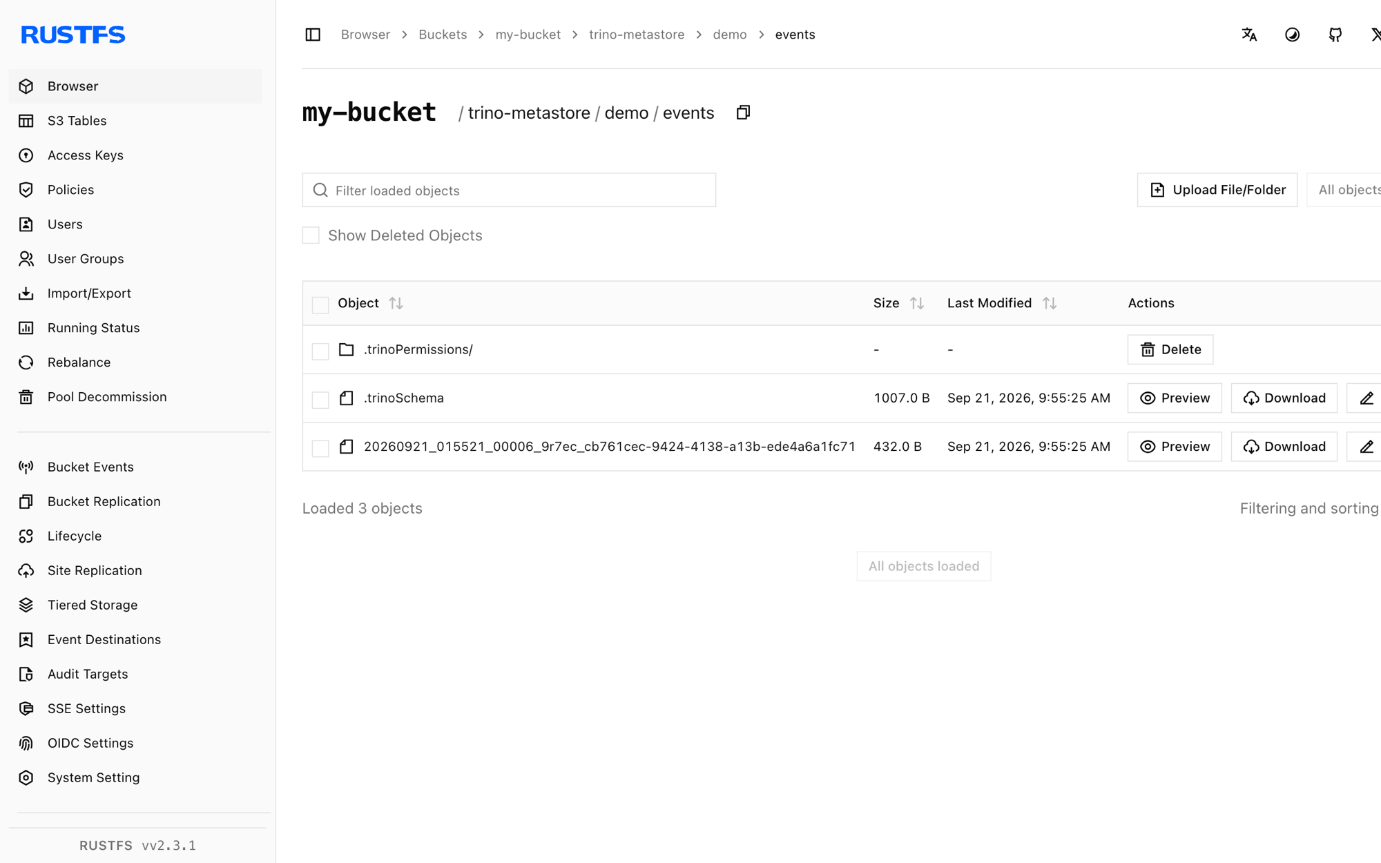 Die Trino-Metadaten- und Datenobjekte in der RustFS Console